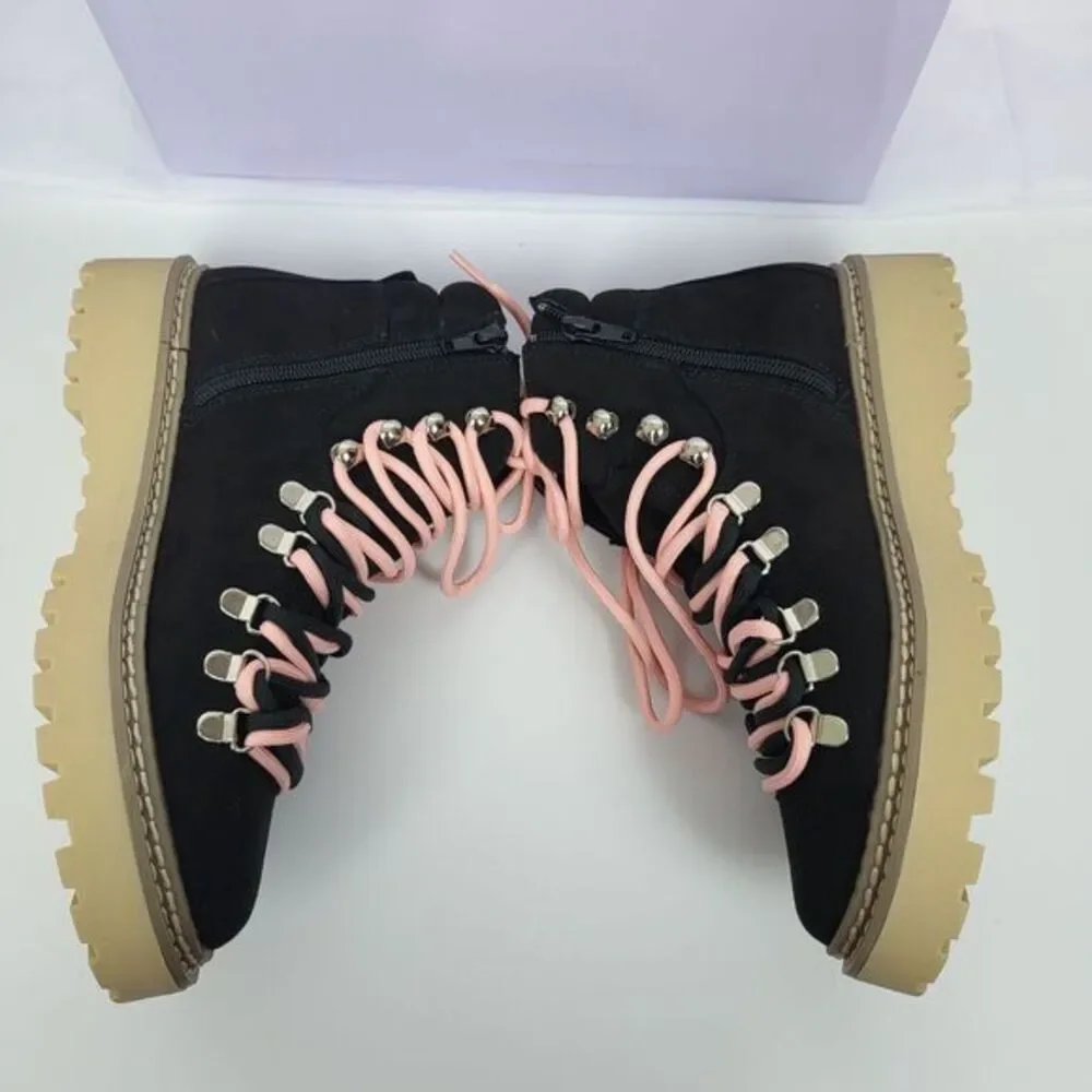 Madden Girl‎ Tipper Rugged Style Pink Lace-up Hiker Ankle Boots Black 7 Women